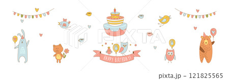 Happy Birthday with Cute Baby Animal Vector Set 121825565