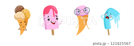 Kawaii Ice Cream on Stick and Waffle Cone with Faces Vector Set 121825567