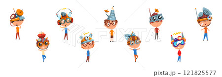 Funny Boy Character in Steampunk Headgear Vector Set Funny Boy Character in Steampunk Headgear Vector Set 121825577