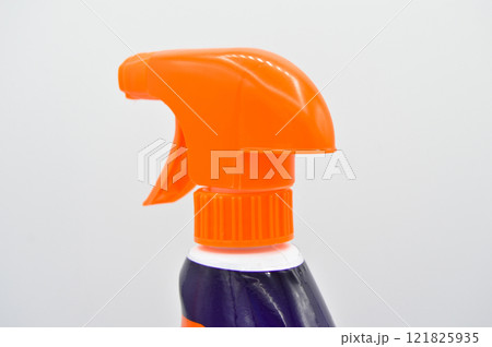Orange blue colored plastic spray detergent bottle. Cosmetic, container Orange blue colored plastic spray detergent bottle. Cosmetic, container 121825935