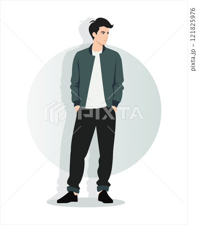 Vector illustration. A man in a dark green jacket, a snow-white t-shirt and black pants, on a light background. 121825976