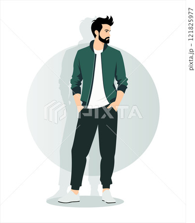 Vector illustration. A man in a dark green jacket, a snow-white t-shirt and black pants, on a light background. 121825977