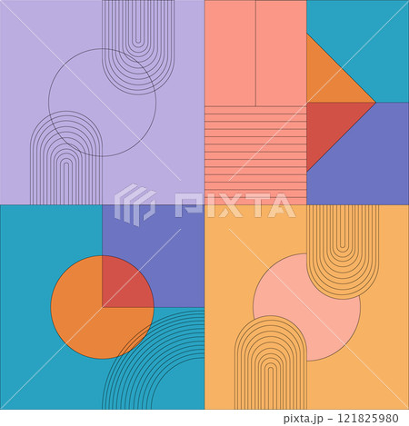 An abstract composition of geometric shapes combining circles, semicircles and rectangles in orange, blue and lavender tones. 121825980