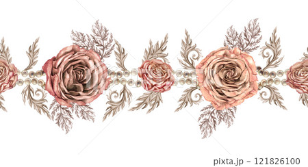 Floral seamless border. Vintage pink roses with pastel leaves. Pink-brown colors in the mocha mousse palette. Hand drawn botanical clipart for wedding, Valentine's Day, card, textile, web design 121826100