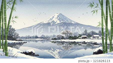 冬の富士山と湖畔の素朴な風景02 121826113