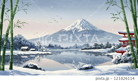 冬の富士山と湖畔の素朴な風景01 121826114