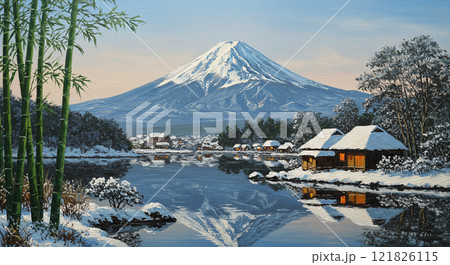 富士山と素朴な日本家屋の風景02 富士山と素朴な日本家屋の風景02 121826115