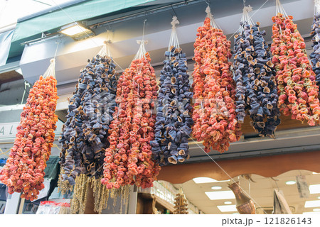 Dried vegetables hanging in a local bazar, Istanbul, Turkey 121826143