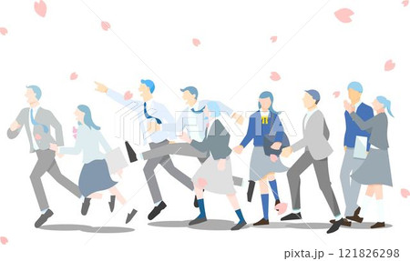 桜の花と歩いたり走る学生男女ー横顔ー全身ー卒業ー入学ー人物シンプル線画ベクターイラスト素材 121826298