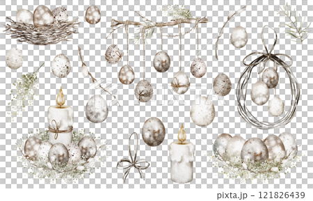 Easter watercolor illustration of vintage candles and willow twigs. A hand-drawn collection featuring religious symbols, perfect for holiday postcards or spring celebrations. Easter watercolor illustration of vintage candles and willow twigs. A hand-drawn collection featuring religious symbols, perfect for holiday postcards or spring celebrations. 121826439