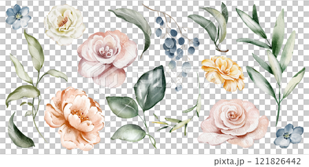 Watercolor clip art of flowers and greenery. Illustration botanical elements featuring pastel roses, peonies, and leaves. For wedding decor, invitations, or nature designs. Elegant and romantic art. Watercolor clip art of flowers and greenery. Illustration botanical elements featuring pastel roses, peonies, and leaves. For wedding decor, invitations, or nature designs. Elegant and romantic art. 121826442