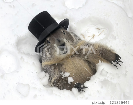 A charming groundhog in a top hat joyfully emerges in a snowy landscape, perfect for seasonal themes A charming groundhog in a top hat joyfully emerges in a snowy landscape, perfect for seasonal themes 121826445