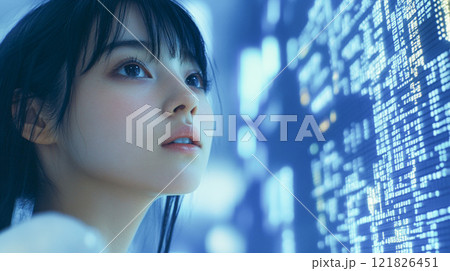 次世代テクノロジーのイメージ_プログラミングと女性のクローズアップ_1 次世代テクノロジーのイメージ_プログラミングと女性のクローズアップ_1 121826451