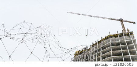 Construction technology banner background. Construction site with cranes, fittings and concrete. Construction technology banner background. Construction site with cranes, fittings and concrete. 121826503