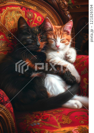 Two cats peacefully cuddling on an ornate armchair in a cozy indoor setting during afternoon light. Two cats peacefully cuddling on an ornate armchair in a cozy indoor setting during afternoon light. 121826594