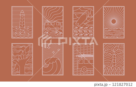 Retro style, bohemian linear surfing, ocean, sea badge, icon, design. Simple geometric surf camp, resort template, design frame. 121827012