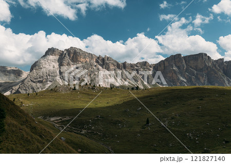 The Stunning and Majestic Landscape of the Gorgeous Dolomites Mountains Beneath a Bright and Clear Sky 121827140