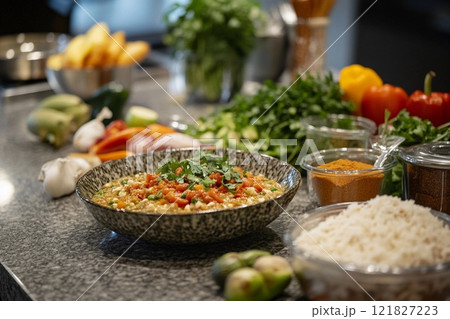 Fresh vegetables and spices are arranged on a kitchen countertop, highlighting various diet options like vegetarian, vegan, and keto Fresh vegetables and spices are arranged on a kitchen countertop, highlighting various diet options like vegetarian, vegan, and keto 121827223