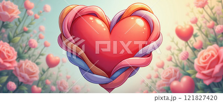 Heart illustration with roses and ribbon. 121827420