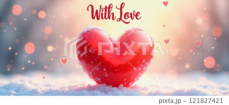A heart-shaped ornament in the snow with pink hearts. 121827421