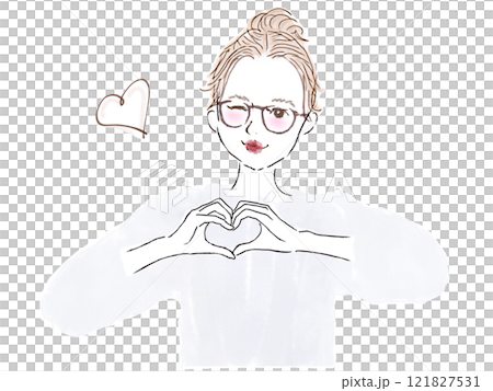 A woman with glasses making a heart with her hands and winking 121827531