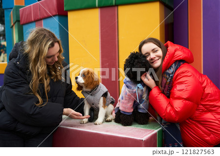 Two women with three dogs enjoying a playful moment in a colorful outdoor setting in winter 121827563