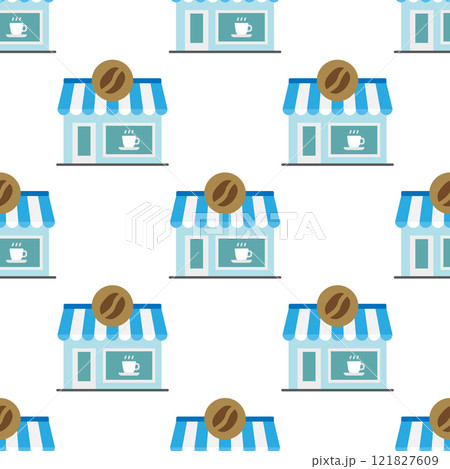 Seamless pattern of a cute coffee shop storefront with a blue and white awning. Seamless pattern of a cute coffee shop storefront with a blue and white awning. 121827609