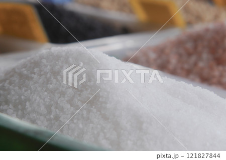 A Wide Variety of Sugars and Salts is Presented in the Market Display A Wide Variety of Sugars and Salts is Presented in the Market Display 121827844