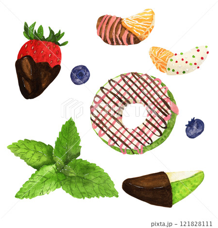 Watercolor set of fruit pieces in chocolate 121828111