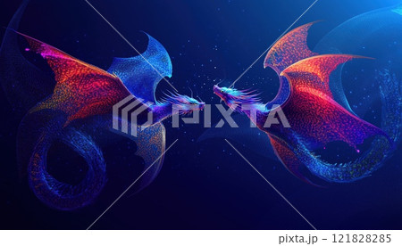 Dark Blue Abstract Flying Dragons In Technological Landscape: Exploring Artificial Intelligence, Neural Networks, And Big Data. Ample Copy Space Available. 121828285