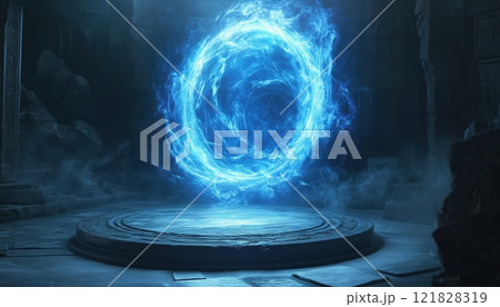 Bright Blue Swirl: A Portal Light Effect In A Fantasy Game Featuring A Round Teleport Podium And Magical Gateway. Measures 10 Inches. Bright Blue Swirl: A Portal Light Effect In A Fantasy Game Featuring A Round Teleport Podium And Magical Gateway. Measures 10 Inches. 121828319