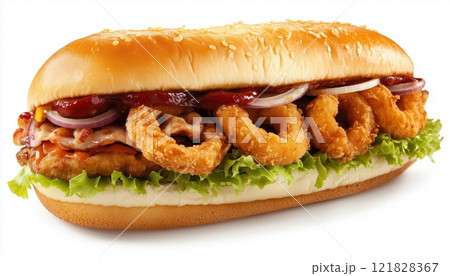 Mouthwatering Fast Food Options: Sandwich, Hamburger, Onion Rings, Shawarma, Turkey Roast, Prawns, Chicken Nuggets, Chicken Wings, Hot Dog. Close-Up Images And Advertising. Mouthwatering Fast Food Options: Sandwich, Hamburger, Onion Rings, Shawarma, Turkey Roast, Prawns, Chicken Nuggets, Chicken Wings, Hot Dog. Close-Up Images And Advertising. 121828367