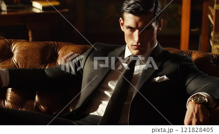 Elegant Man In Stylish Attire Relaxing On A Chesterfield Leather Sofa: Exploring Men'S Beauty And Fashion. 121828405