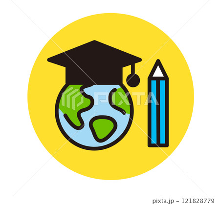 国際留学や教育に関するアイコン。卒業時に身につける帽子と地球、鉛筆。大学院、修士号。 国際留学や教育に関するアイコン。卒業時に身につける帽子と地球、鉛筆。大学院、修士号。 121828779