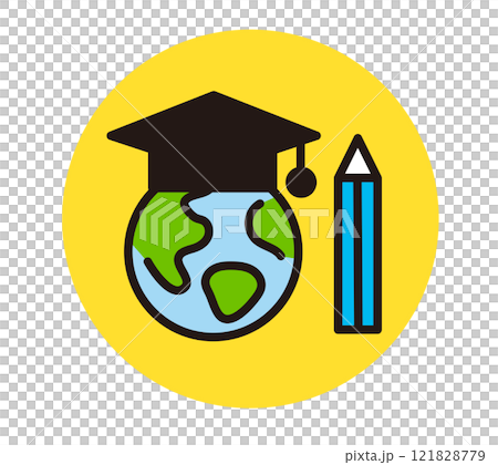 国際留学や教育に関するアイコン。卒業時に身につける帽子と地球、鉛筆。大学院、修士号。 国際留学や教育に関するアイコン。卒業時に身につける帽子と地球、鉛筆。大学院、修士号。 121828779