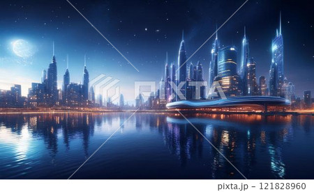 水上に輝く未来的都市の夜景背景 121828960