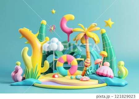 Vibrant 3D summer-themed sculptures featuring colorful elements like palm trees, clouds, and a cheerful tropical atmosphere, perfect for creative displays 121829023
