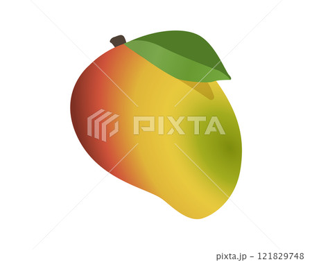 Fruit yellow, green tropical mango icon with single green leaf and stem 121829748