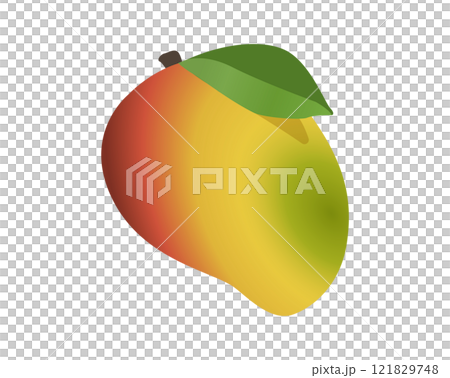 Fruit yellow, green tropical mango icon with single green leaf and stem 121829748