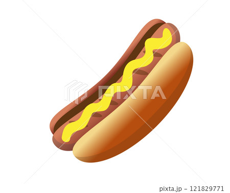 Fast food cooked sausage of hot dog in sliced bun with yellow mustard icon 121829771