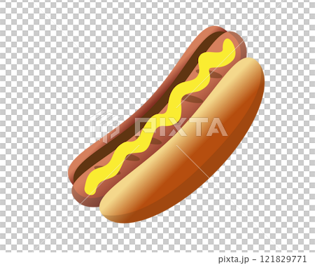 Fast food cooked sausage of hot dog in sliced bun with yellow mustard icon 121829771