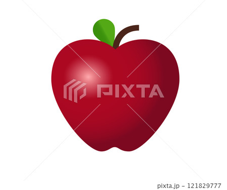 Red apple icon, shown with stem, single, green leaf 121829777