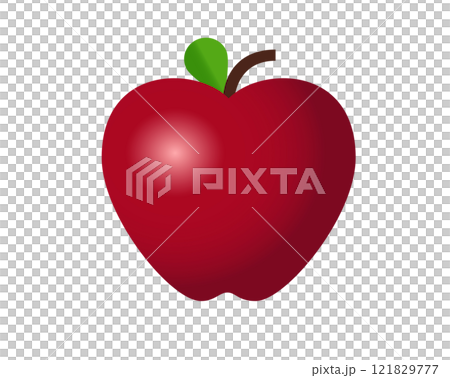 Red apple icon, shown with stem, single, green leaf 121829777