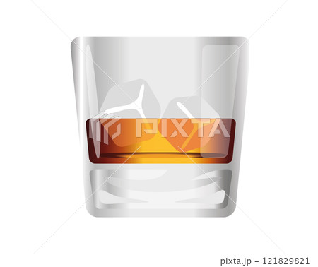 Short flat tumbler glass of brown liquor Scotch whisky icon with ice cube Short flat tumbler glass of brown liquor Scotch whisky icon with ice cube 121829821