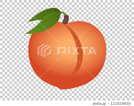 Fleshy, pinkish orange fruit of fuzzy peach icon with green leaves and stem Fleshy, pinkish orange fruit of fuzzy peach icon with green leaves and stem 121829850