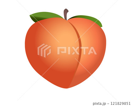 Fleshy, pinkish orange fruit of fuzzy peach icon with green leaves and stem 121829851