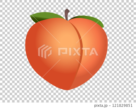 Fleshy, pinkish orange fruit of fuzzy peach icon with green leaves and stem 121829851