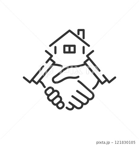 家と握手の不動産向けベクター契約アイコン(線画・白黒) 121830105