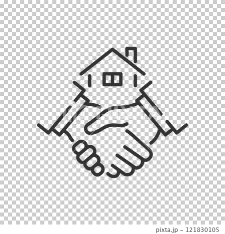 家と握手の不動産向けベクター契約アイコン(線画・白黒) 121830105