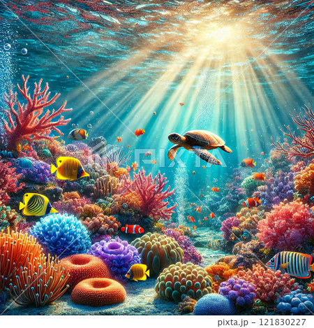 綺麗な珊瑚礁の中を泳ぐ熱帯魚と海亀 121830227